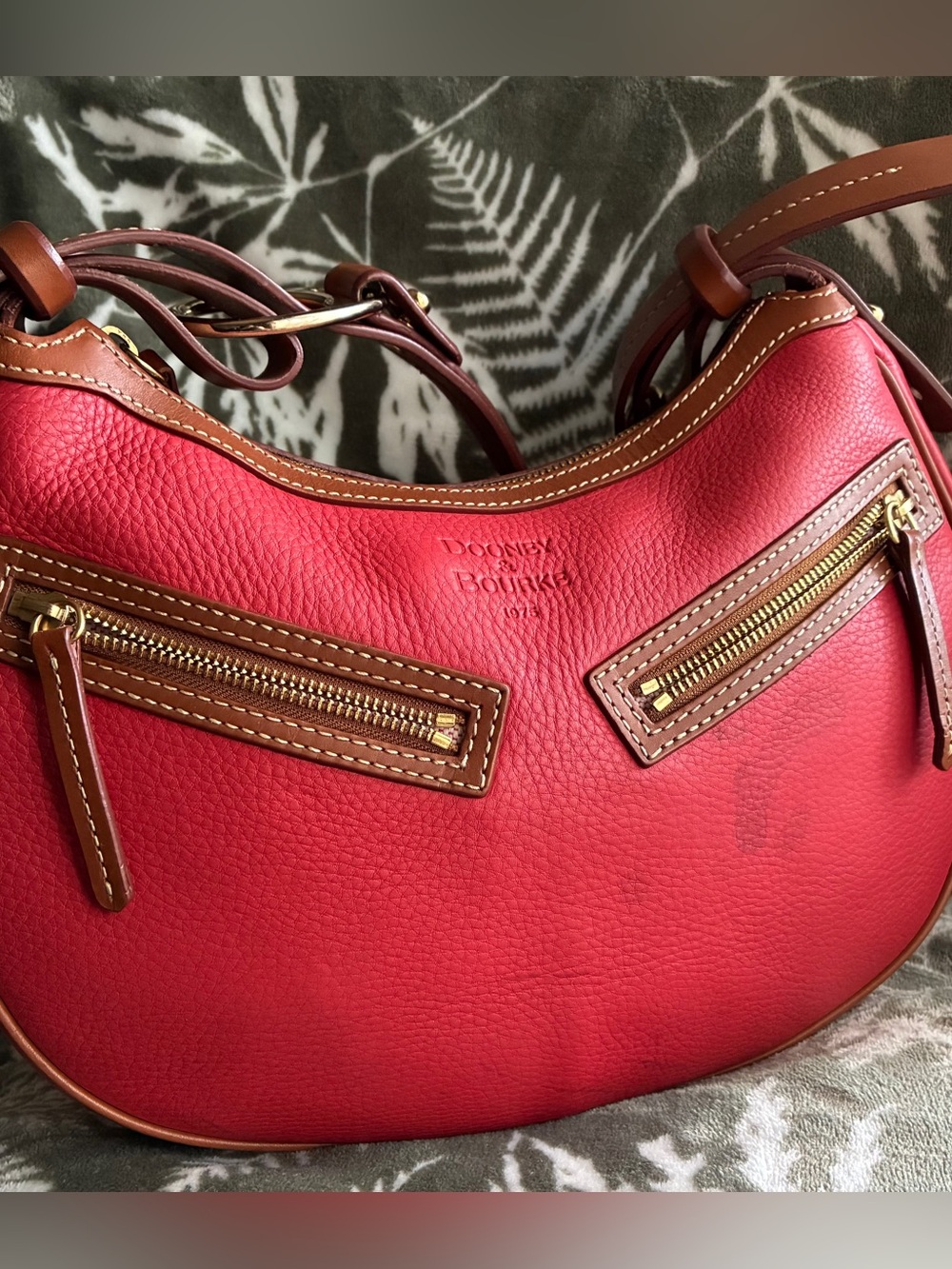Dooney & Bourke Red Leather Crescent Shoulder Bag with Brown Trim